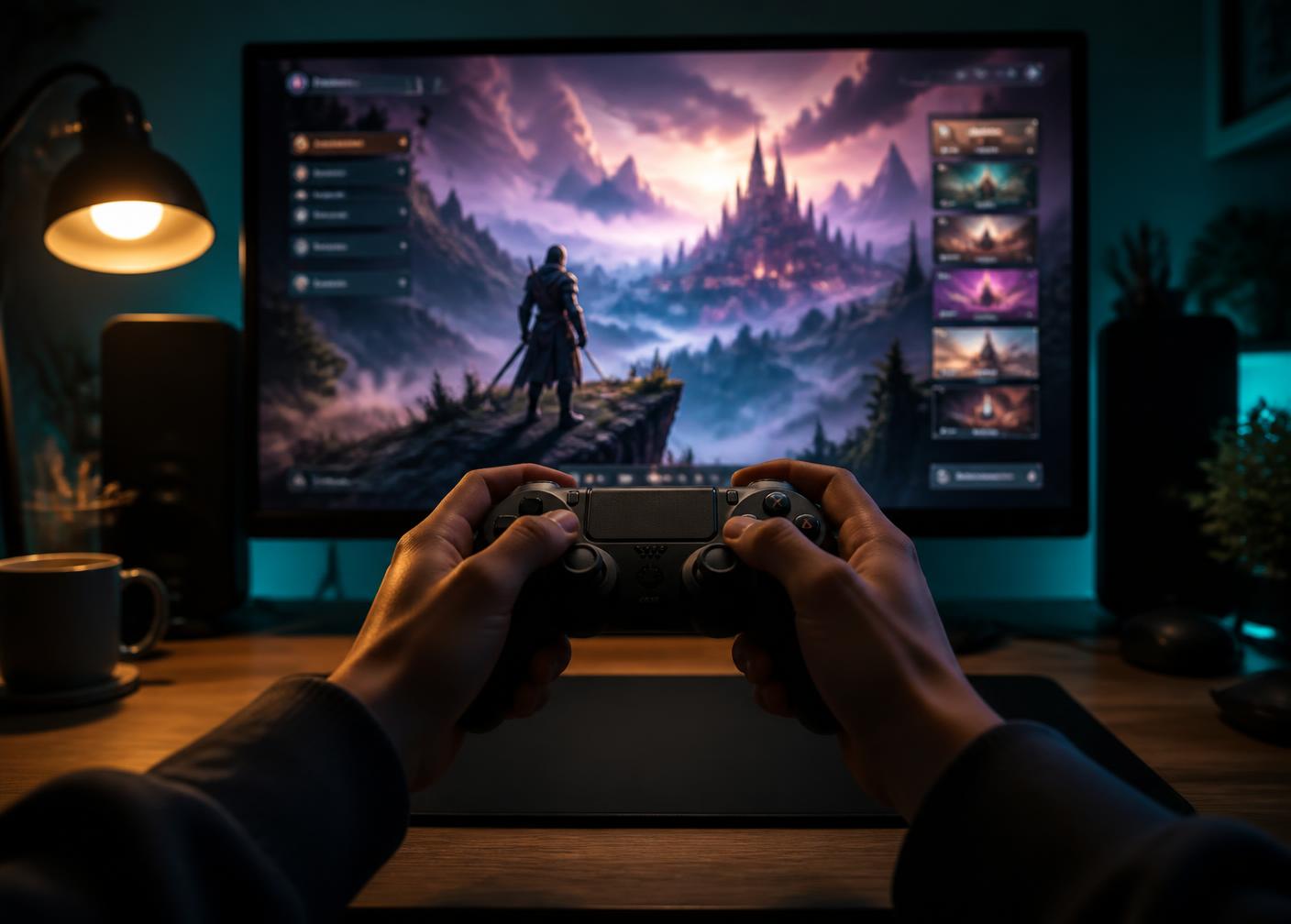 Hands holding a game controller in front of a monitor showing a fantasy game menu at night