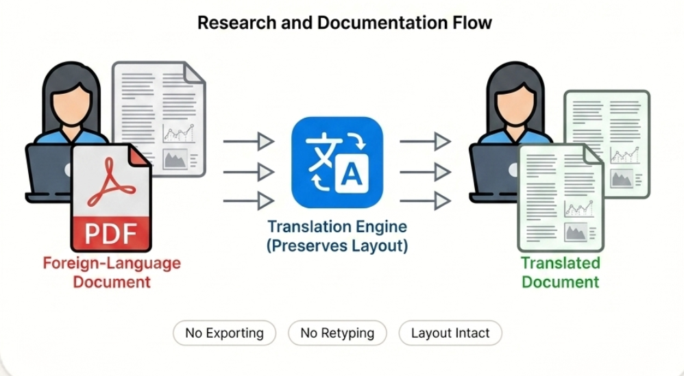 Research and documentation flow: foreign-language PDF in, translated document out, preserving layout without exporting or retyping