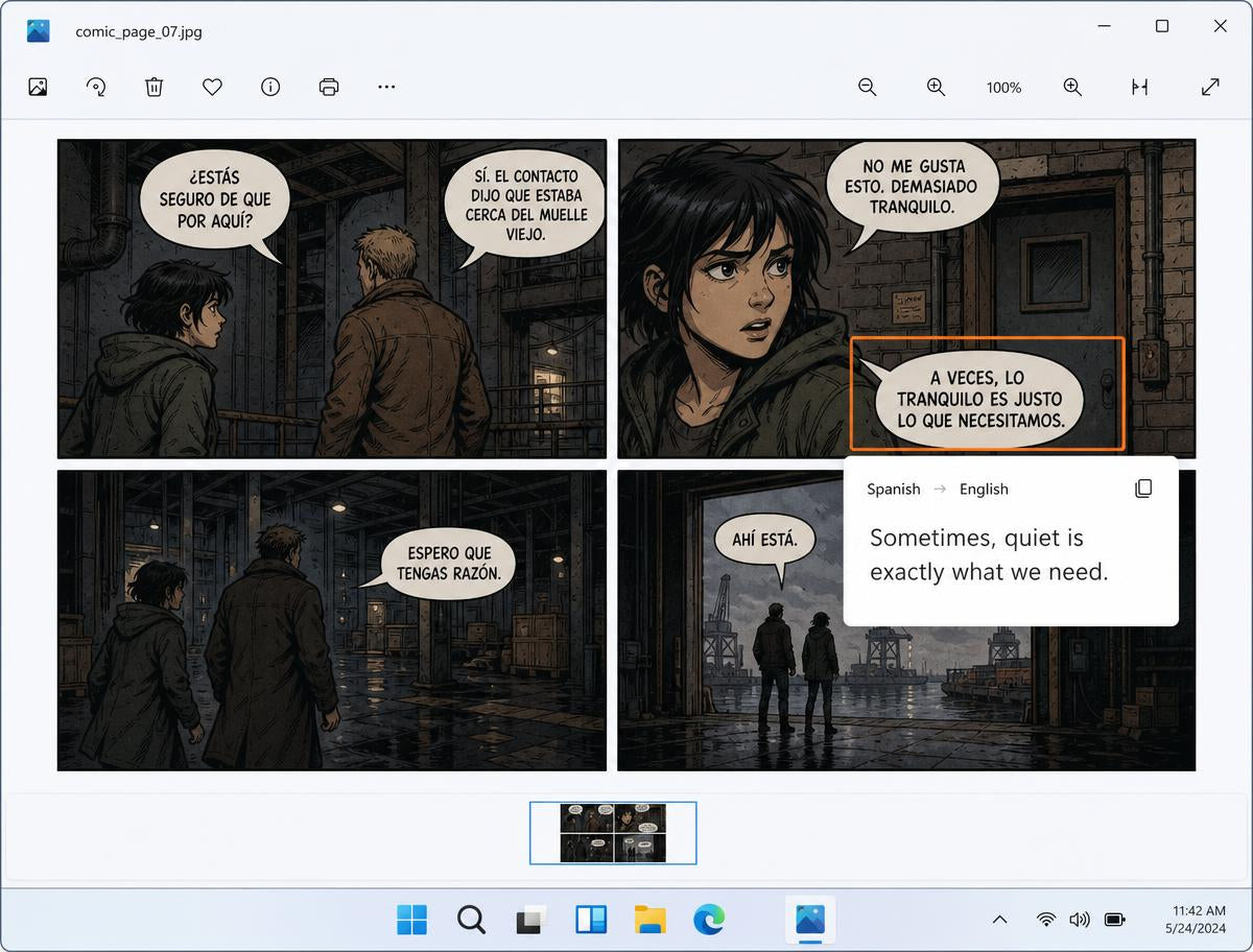 A comic speech bubble translated in place inside a Windows image viewer