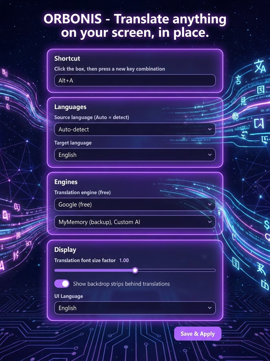 The Orbonis settings window with OCR engine, provider and shortcut options